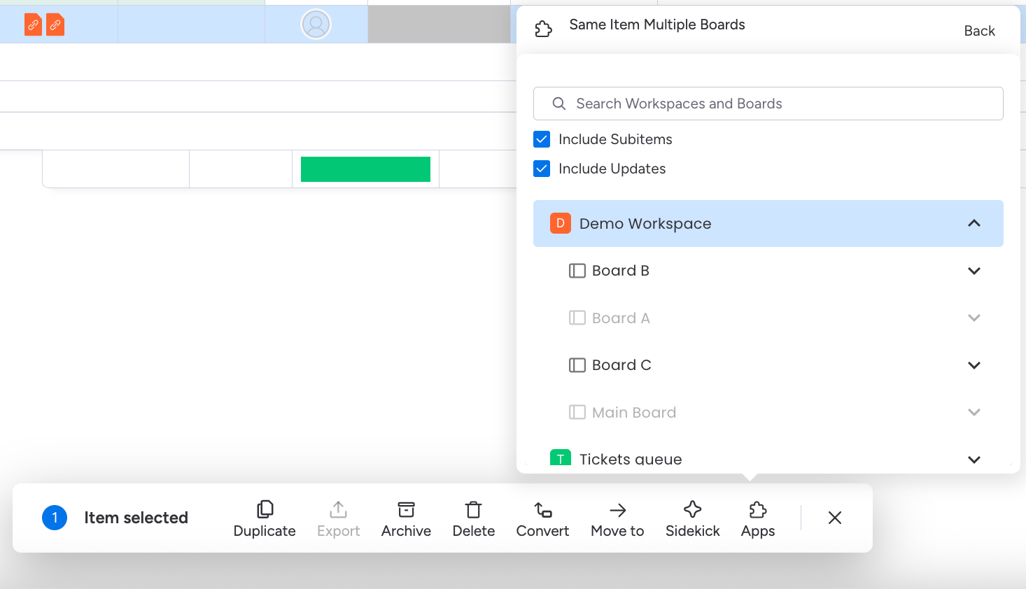 Choosing the destination board and group for the promoted subitems