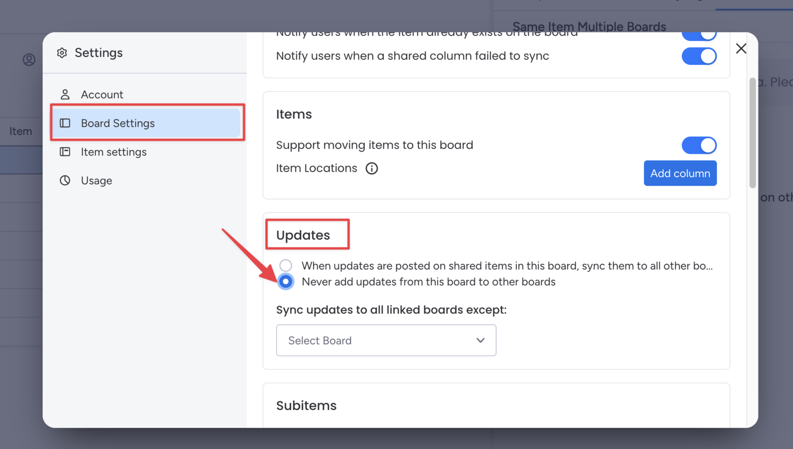 Board automation recipe that blocks updates from syncing to other boards