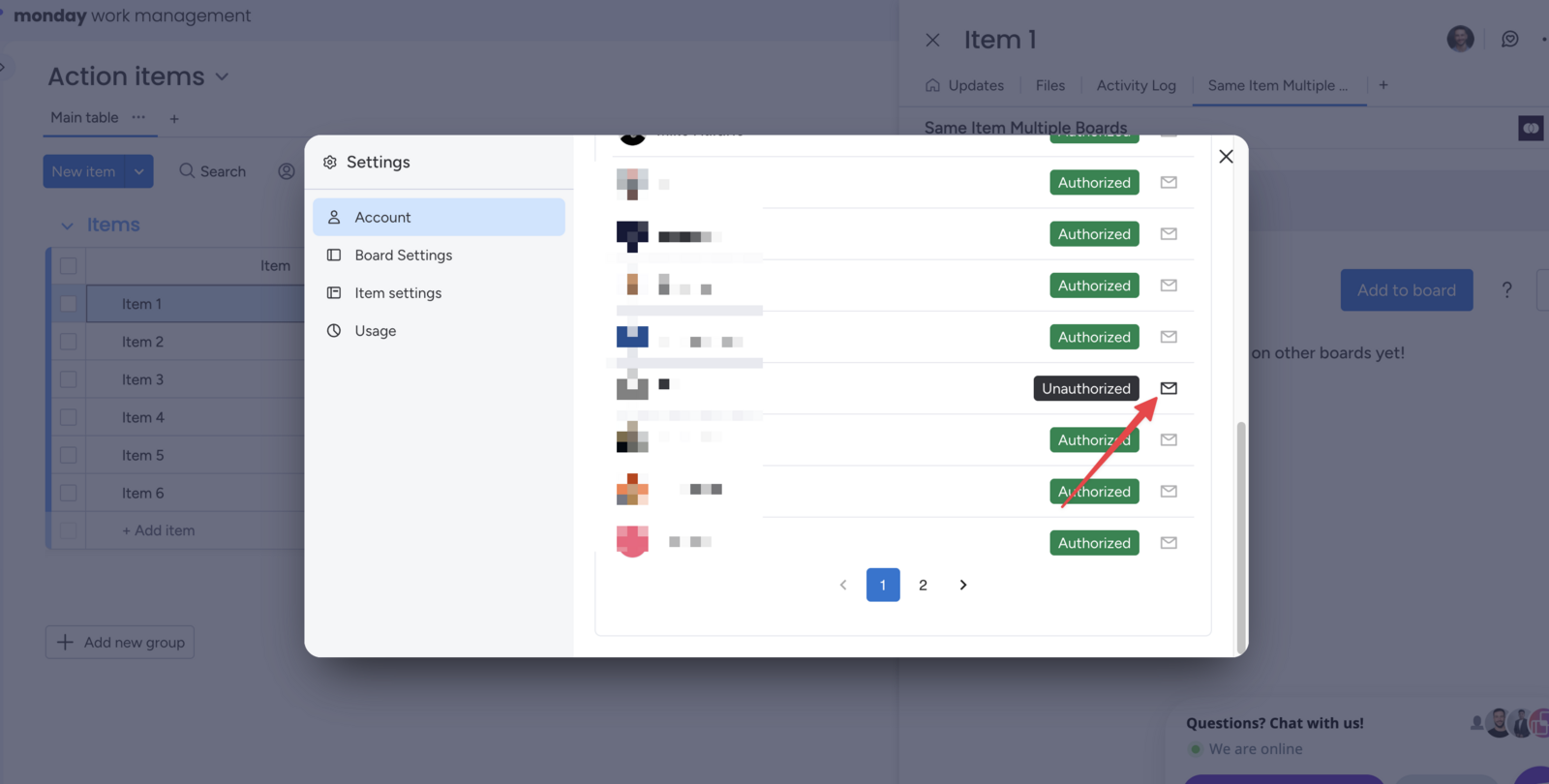 Send Invite mail icon next to an unauthorized user in the Authorization list