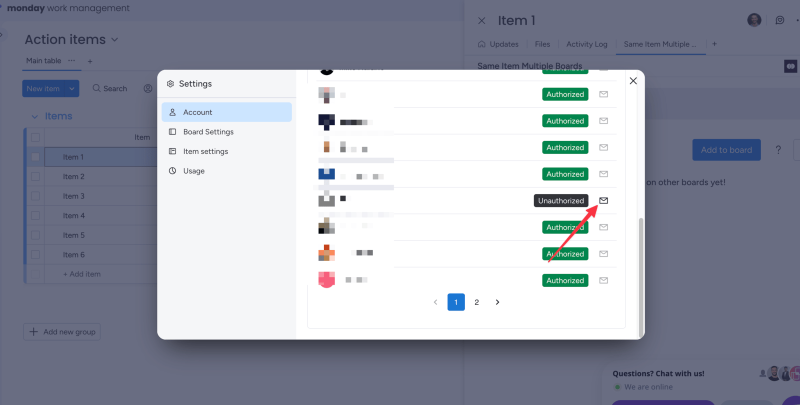 Send Invite mail icon next to an unauthorized user in the Authorization list
