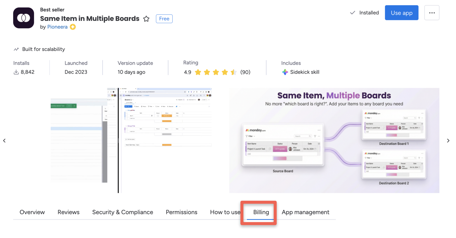 Billing button on the SIMB app page in the Marketplace