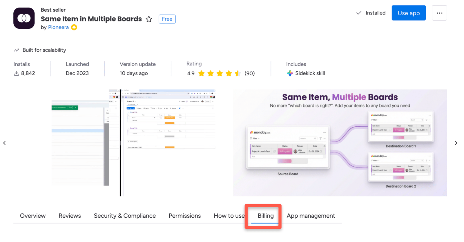 Billing button on the SIMB app page in the Marketplace