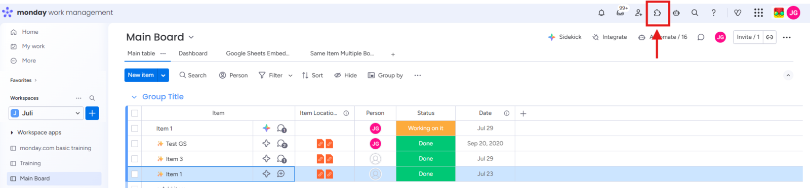 App Marketplace icon in the left panel of the monday.com workspace