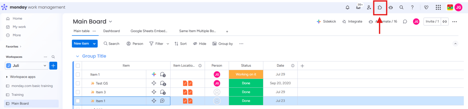 App Marketplace icon in the left panel of the monday.com workspace