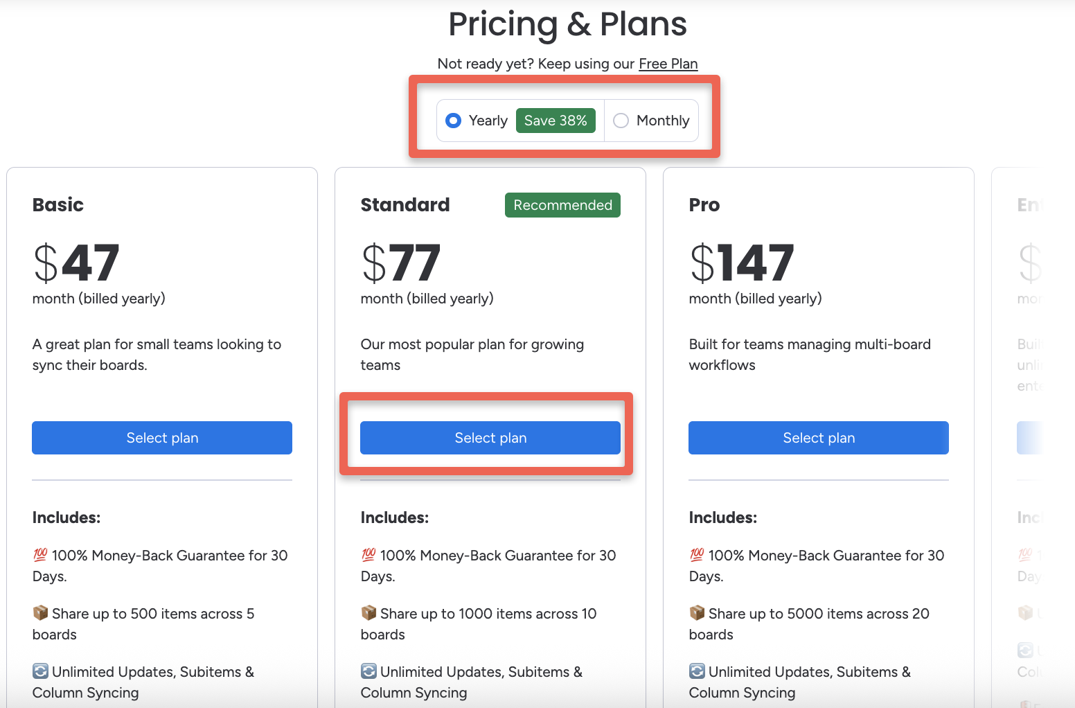 Plan selection screen with billing period options