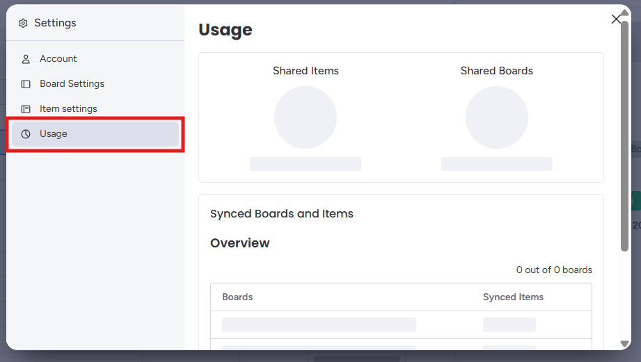 Usage tab showing current shared item count and board overview