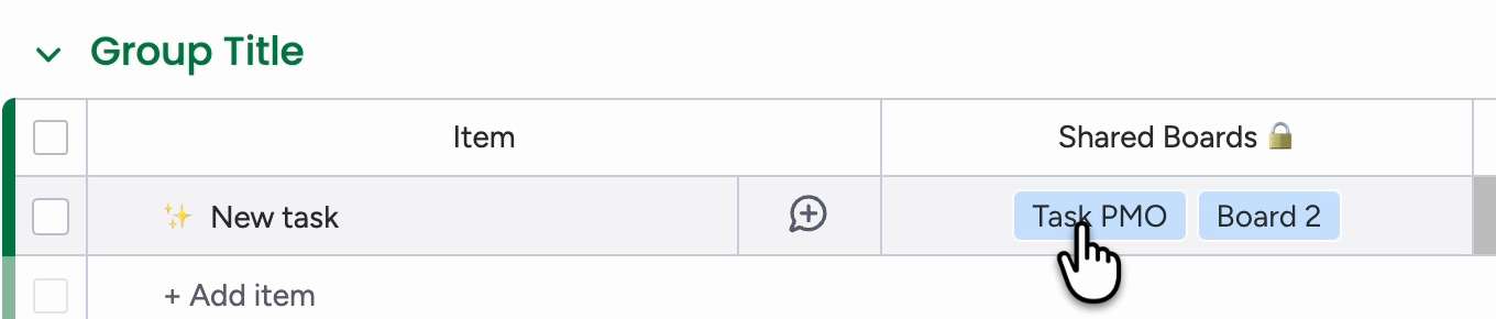 New task with Task PMO and Board 2 chips in the Shared Boards column