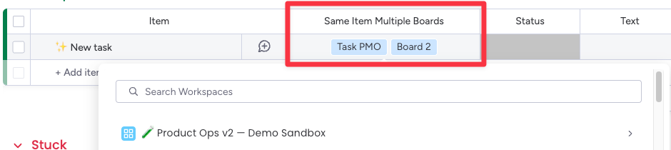 The sharing column shows Task PMO and Board 2 chips above the Demo Sandbox workspace picker