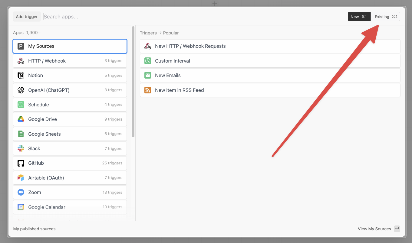Selecting a pre-exisiting deployed source as the trigger for the workflow