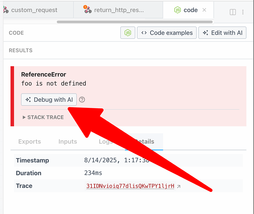 Debug with AI button in error results