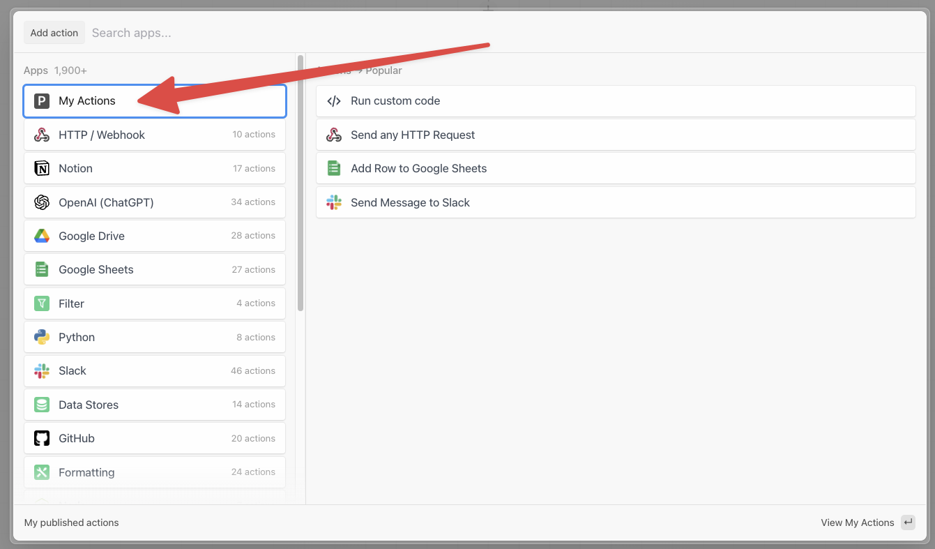 Use the "My Actions" section in a new step to include your private actions