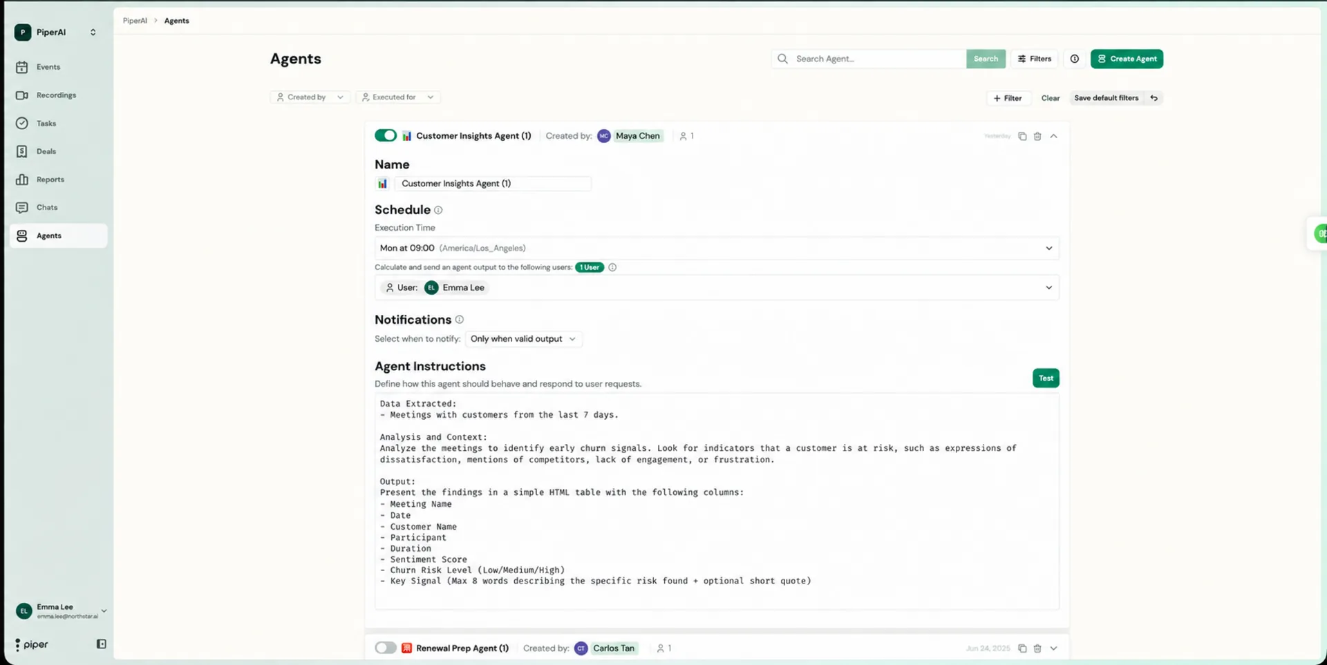 Agent editor with Name, Schedule, Notifications, and Agent Instructions