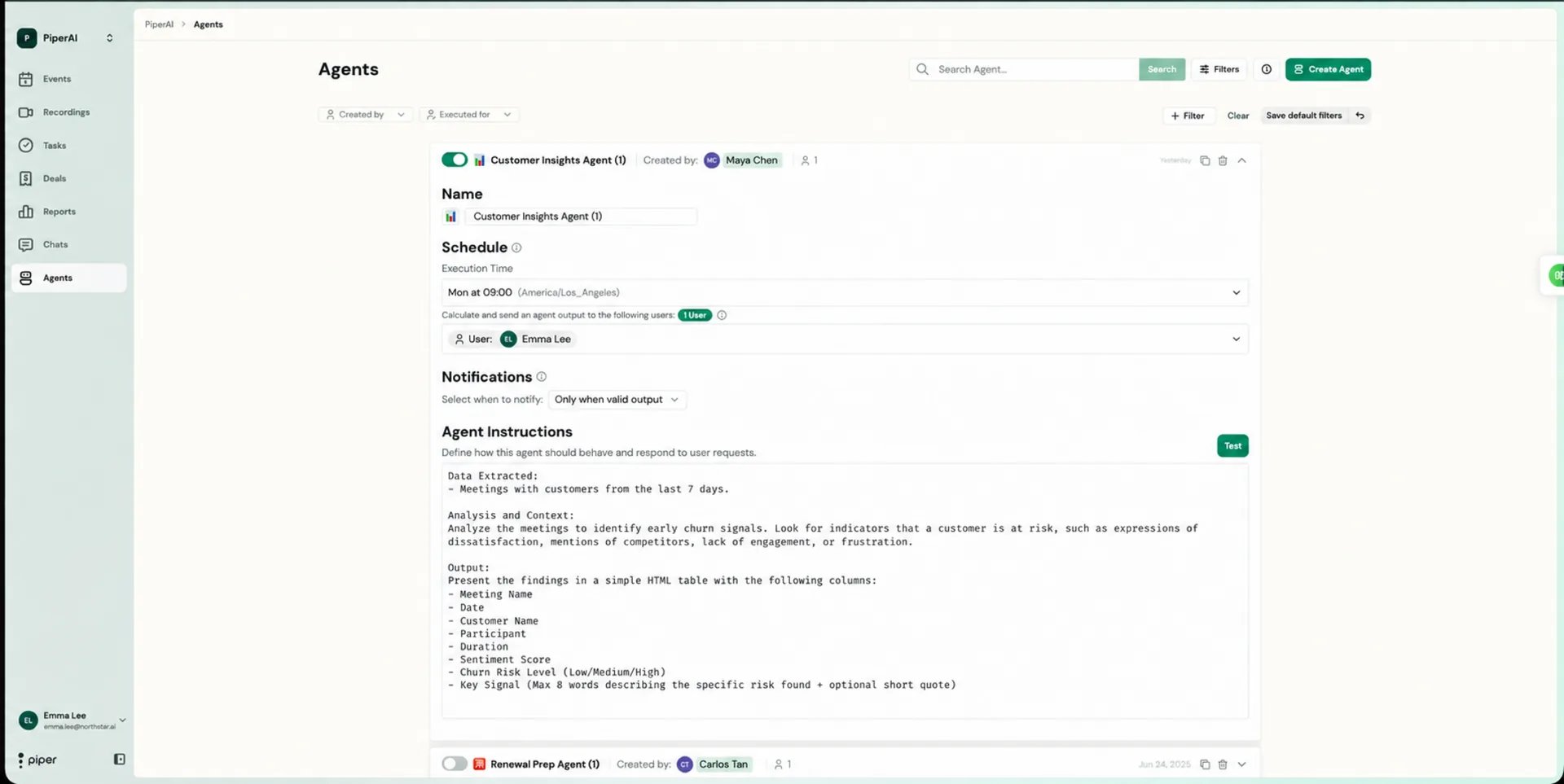 Agent editor with Name, Schedule, Notifications, and Agent Instructions