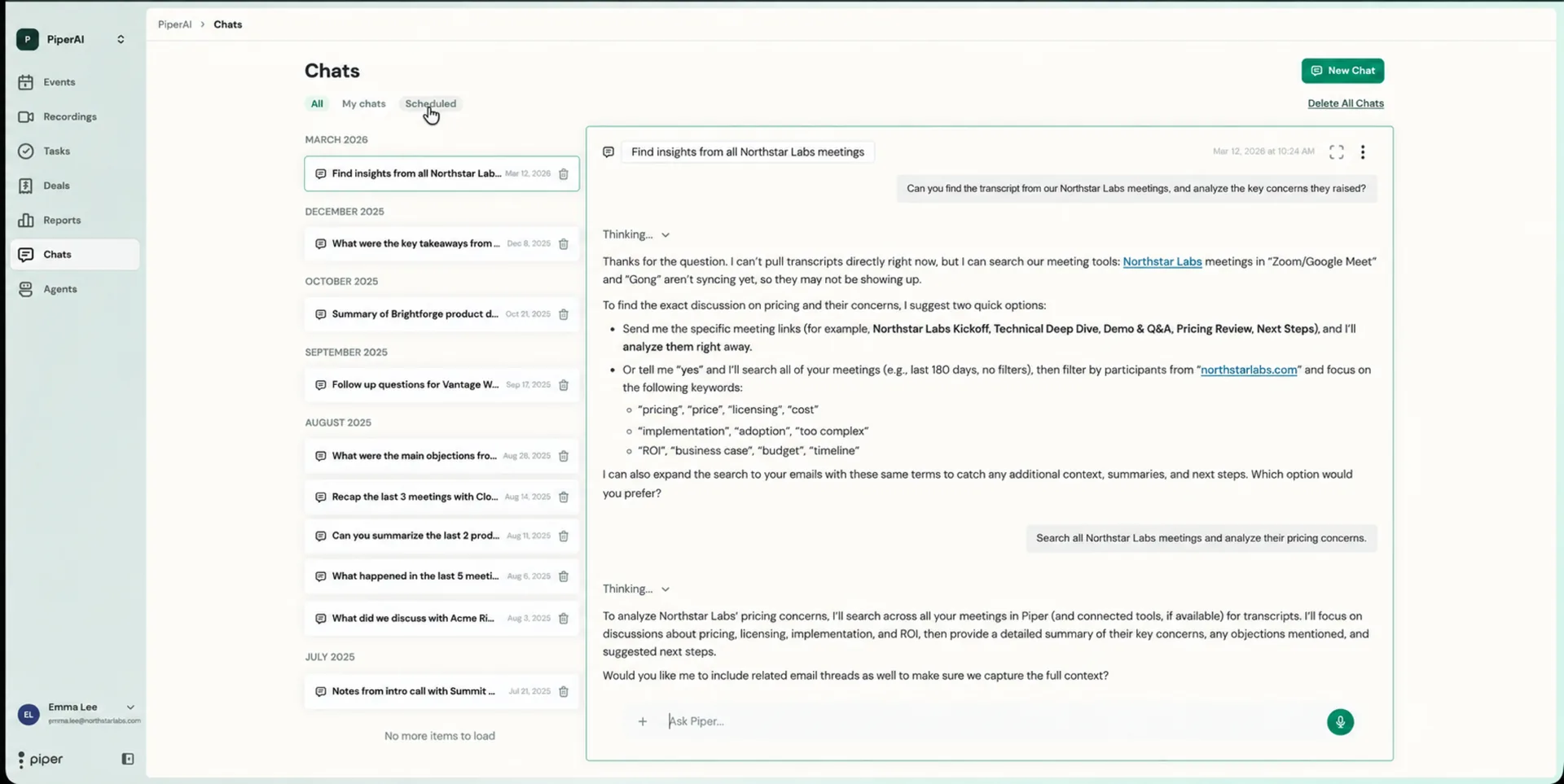 Chats page with chat history and an open conversation