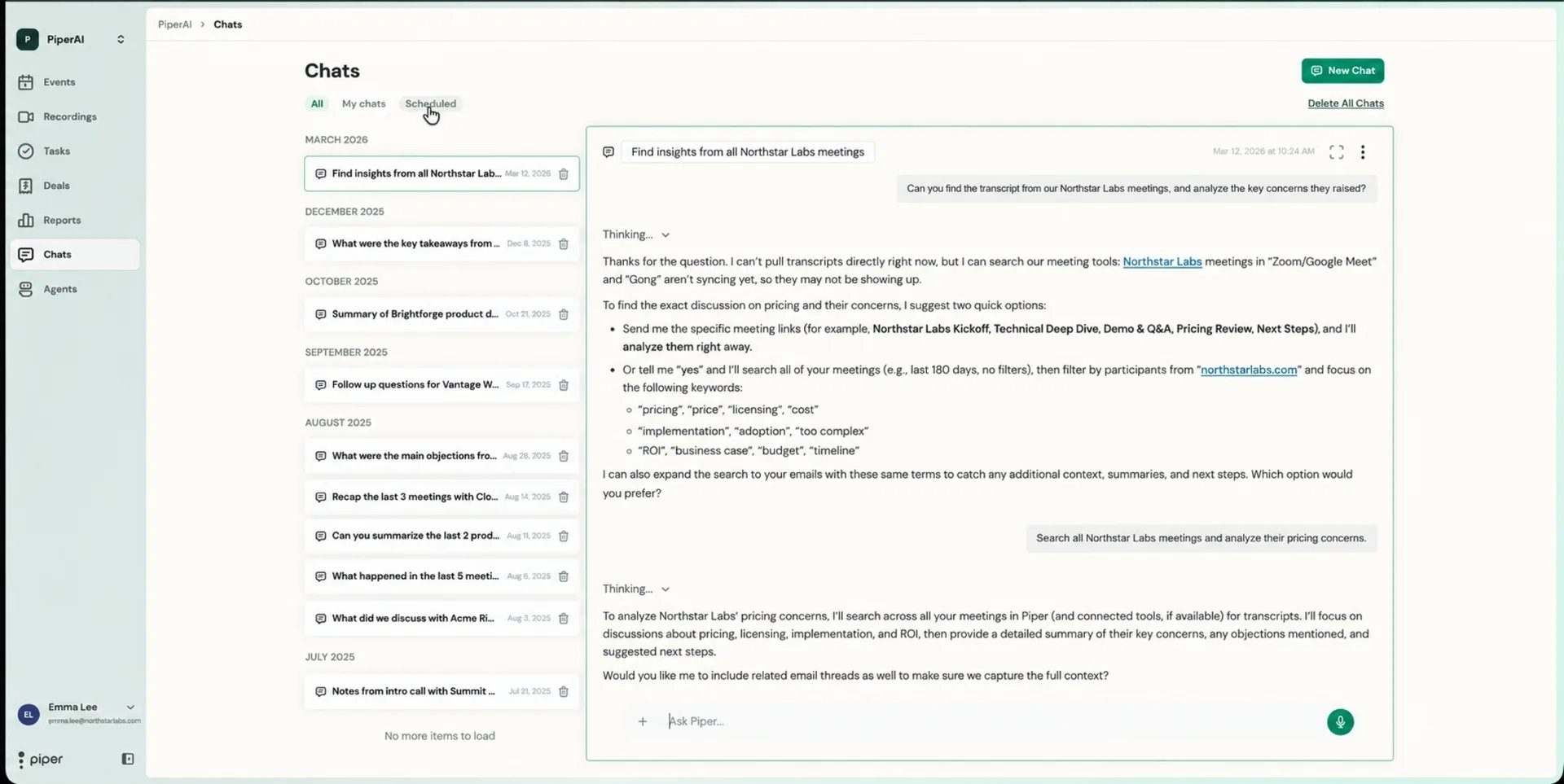 Chats page with chat history and an open conversation