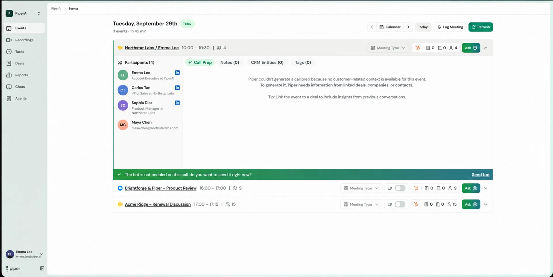 Expanded Activity Card showing participants and the Call Prep, Notes, CRM Entities, and Tags tabs