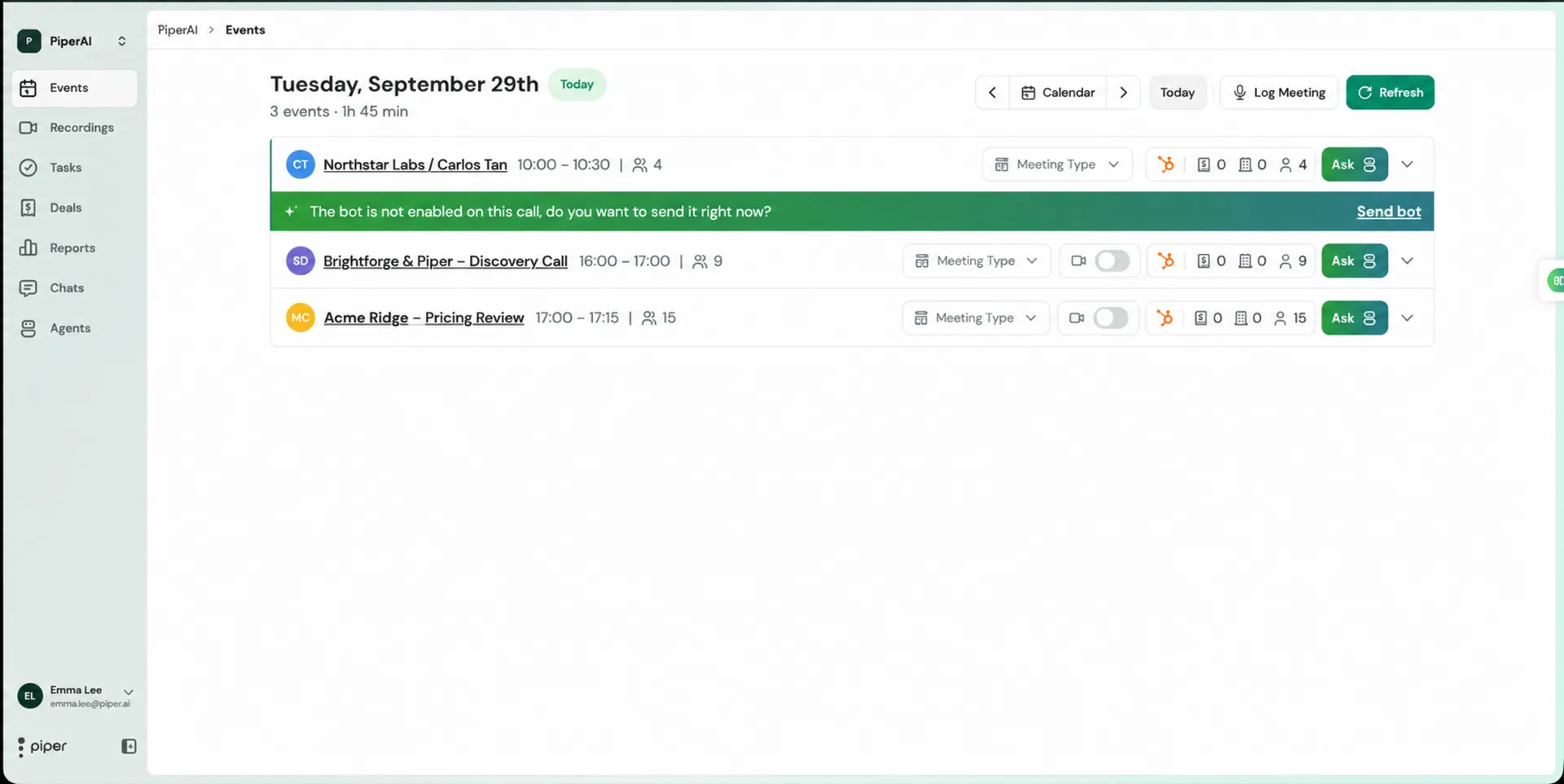 Events page listing today's meetings as Activity Cards