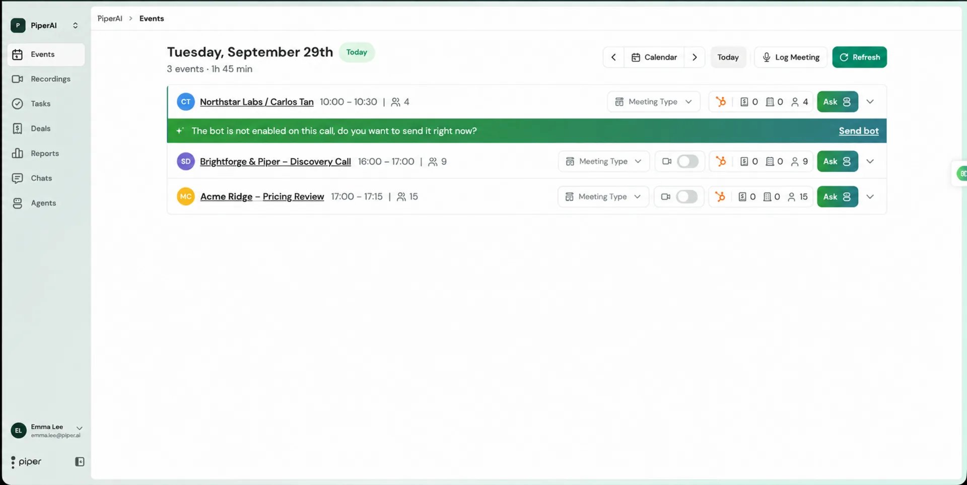Events page listing today's meetings as Activity Cards