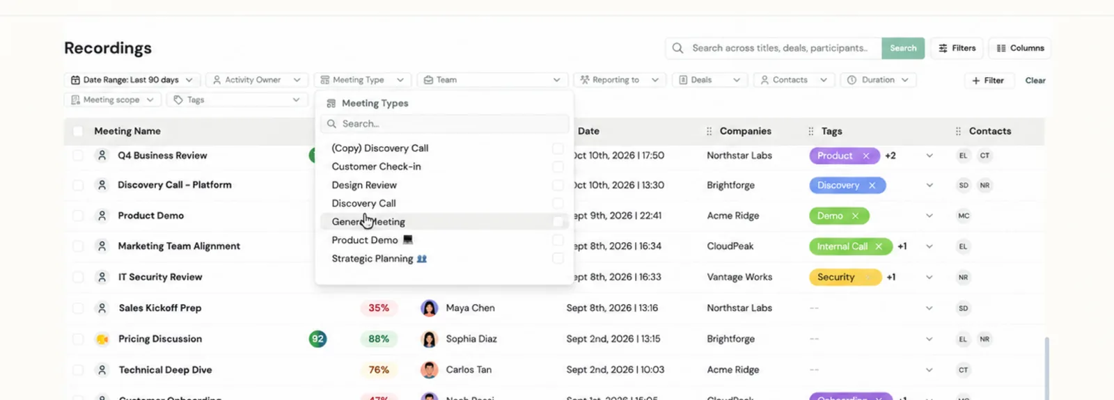 Meeting Type filter open on the Recordings page