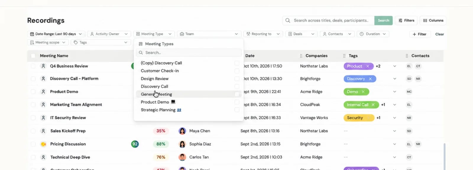 Meeting Type filter open on the Recordings page