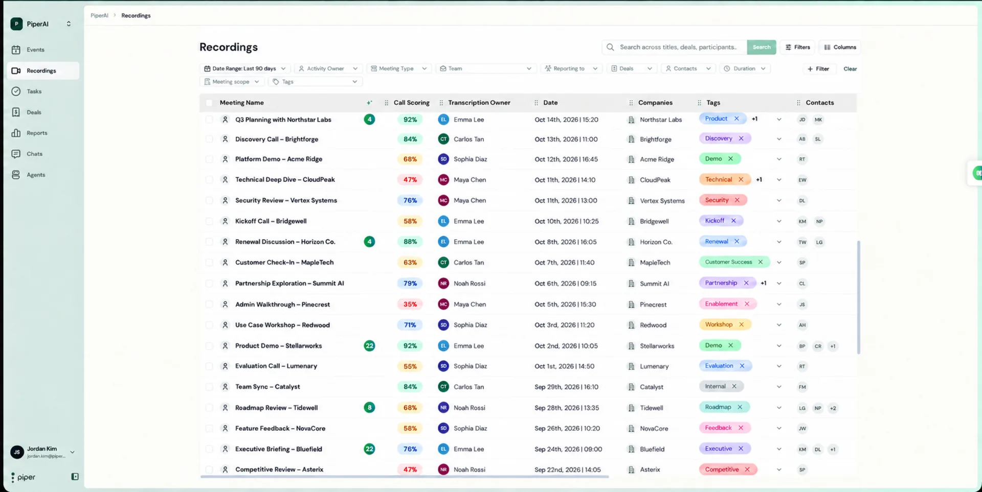 Recordings table with filters, search, and Columns button