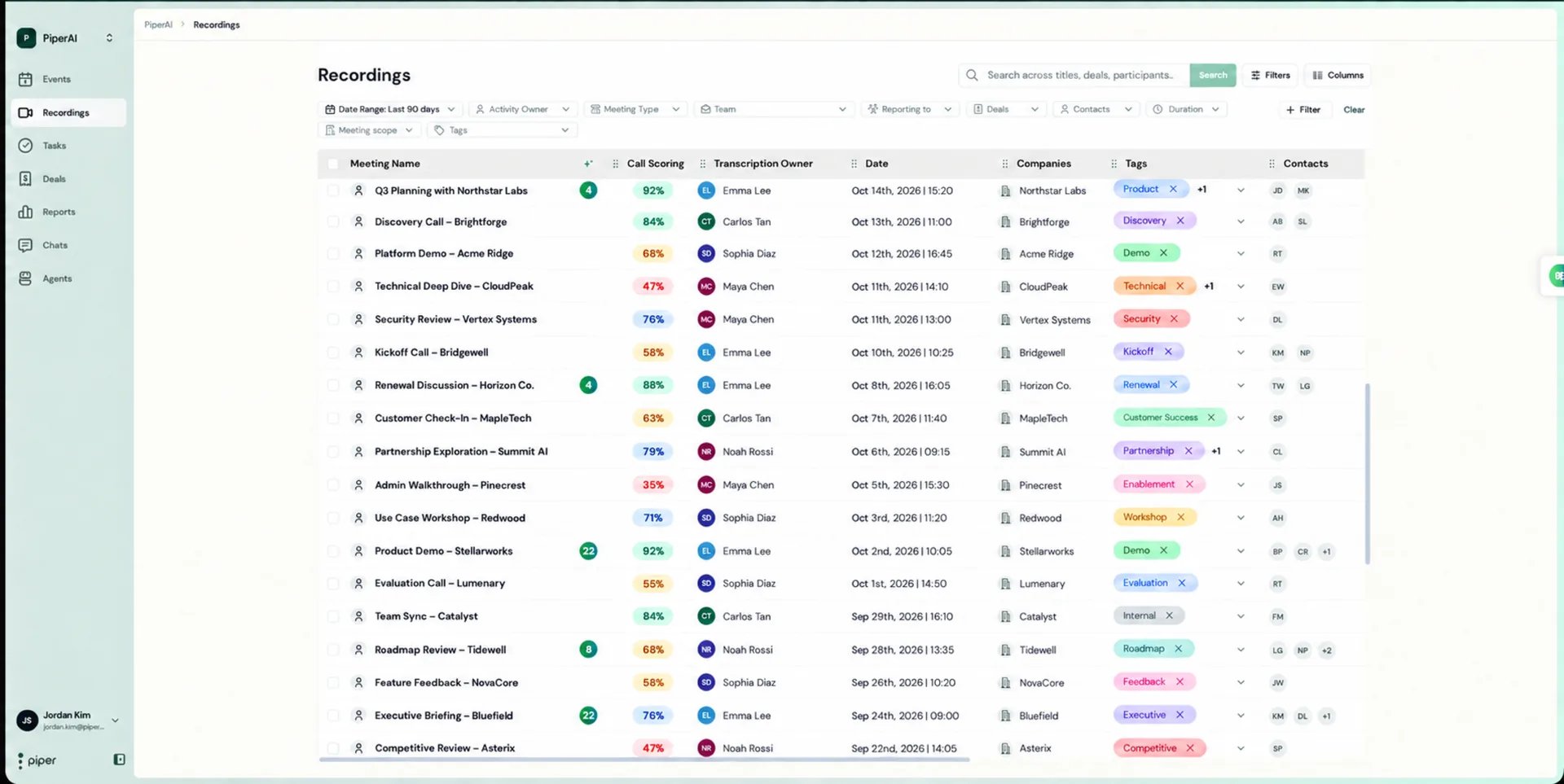 Recordings table with filters, search, and Columns button