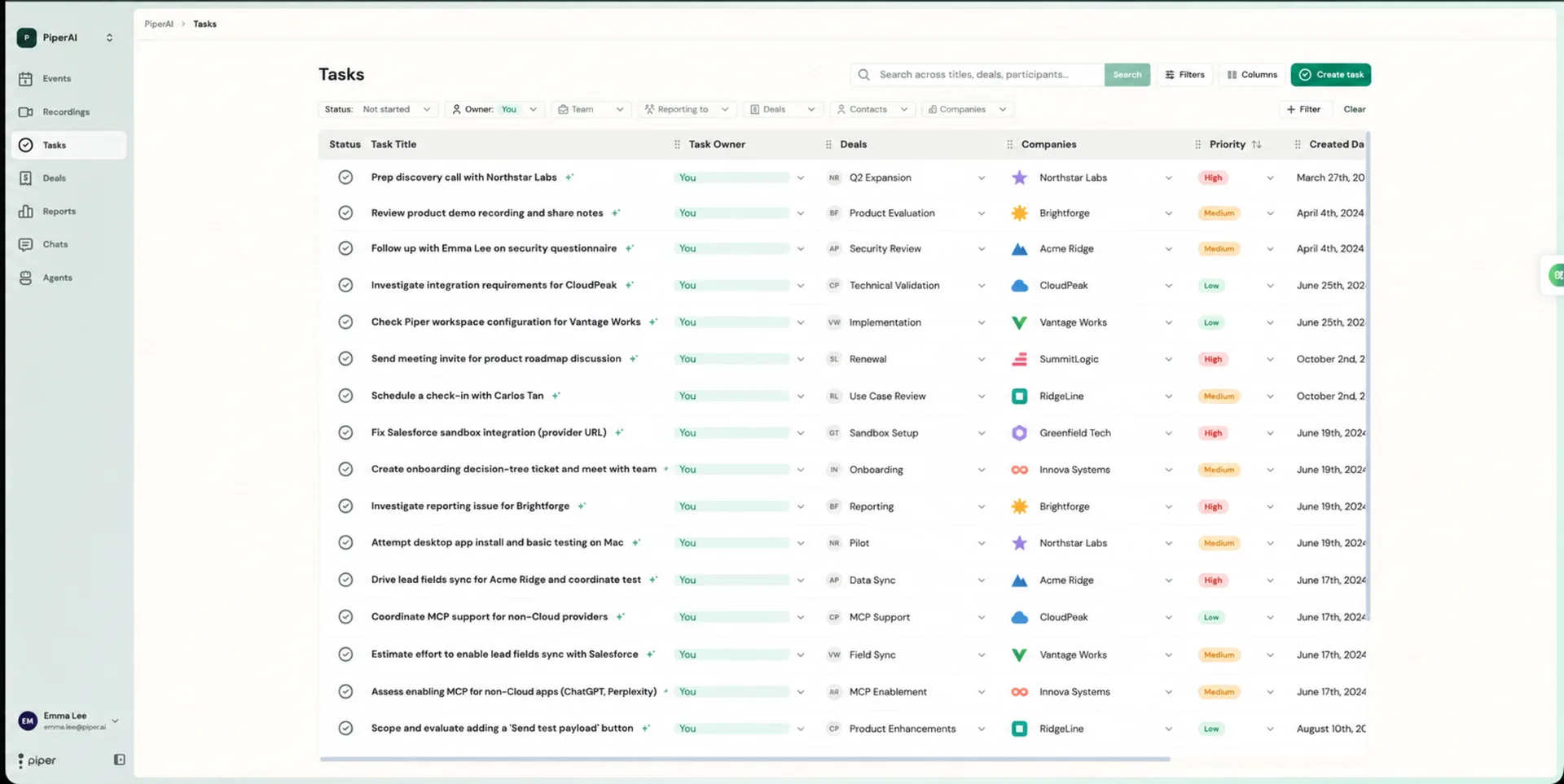 Tasks page listing tasks with status, owner, deal, and priority