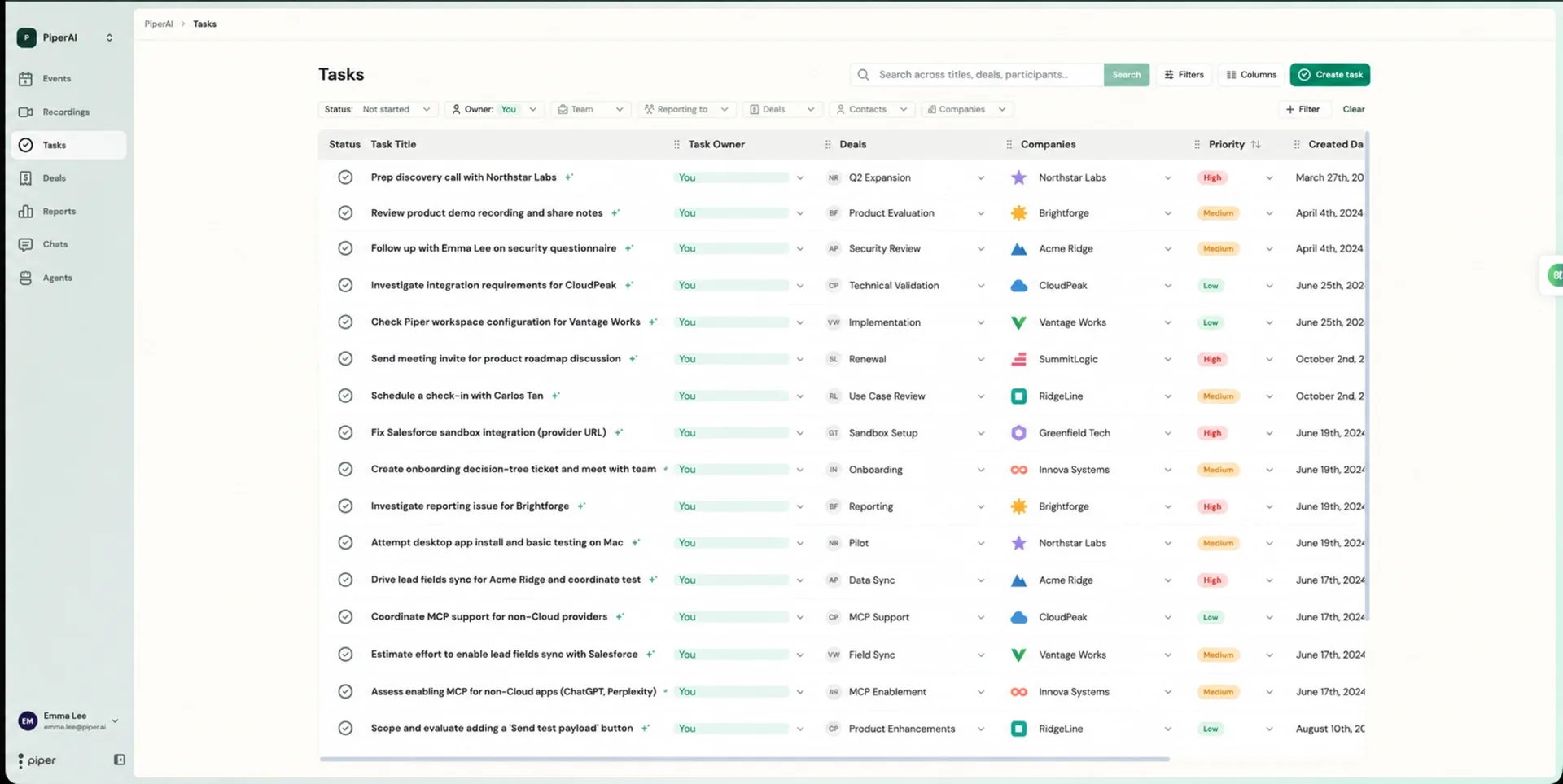 Tasks page listing tasks with status, owner, deal, and priority