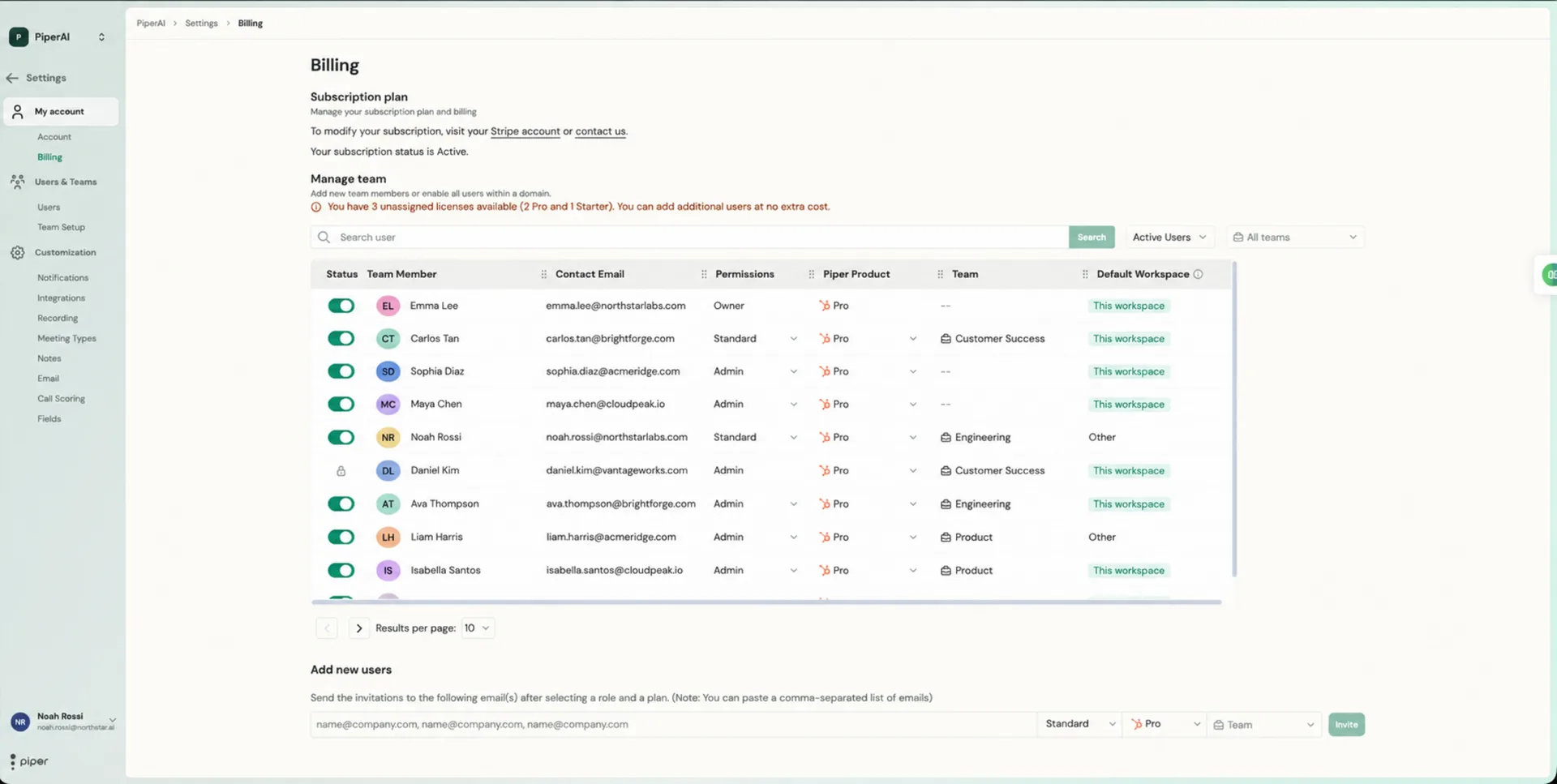 Billing page with the Manage team table, status toggles, and Add new users