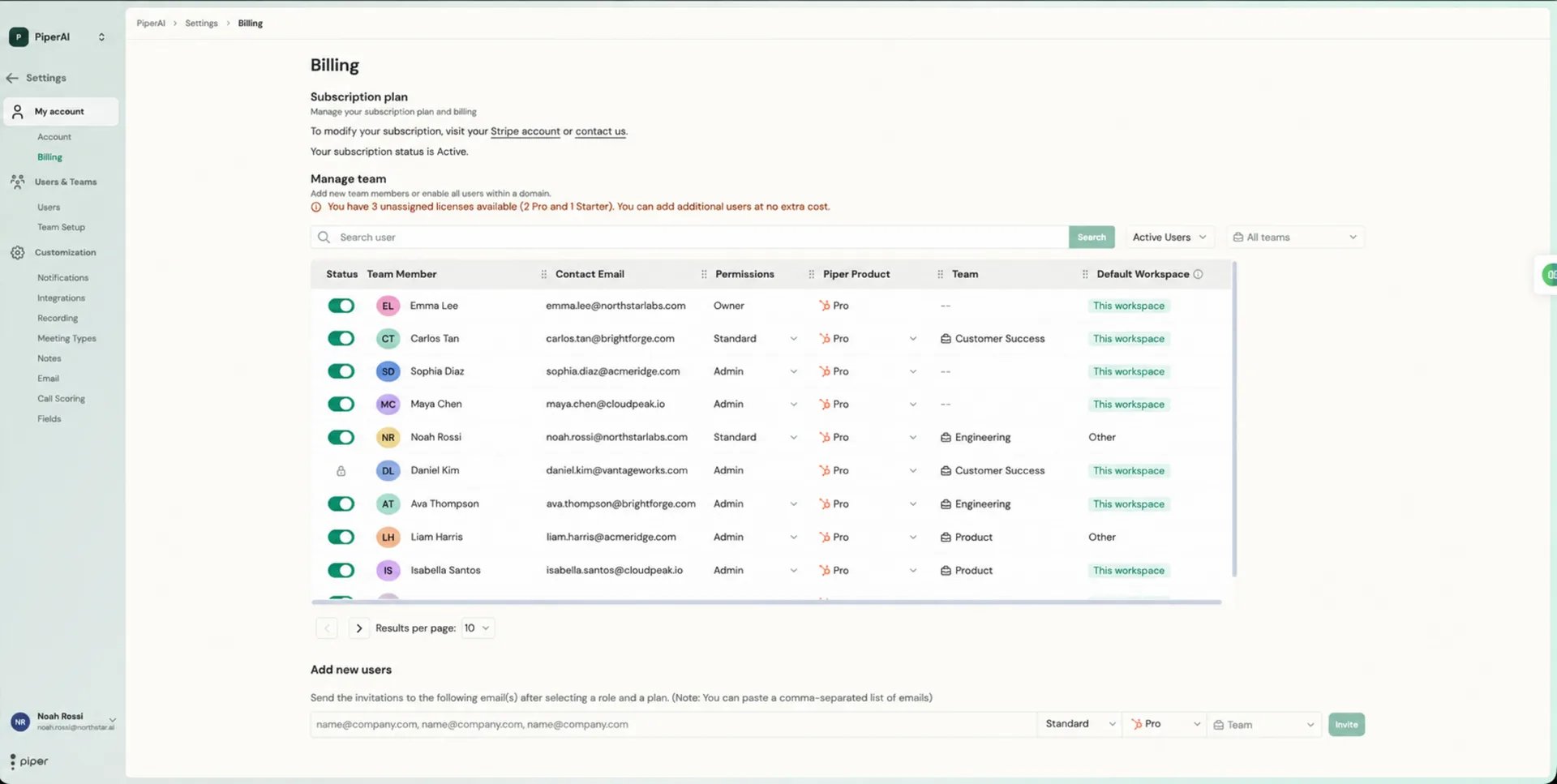 Billing page with the Manage team table, status toggles, and Add new users