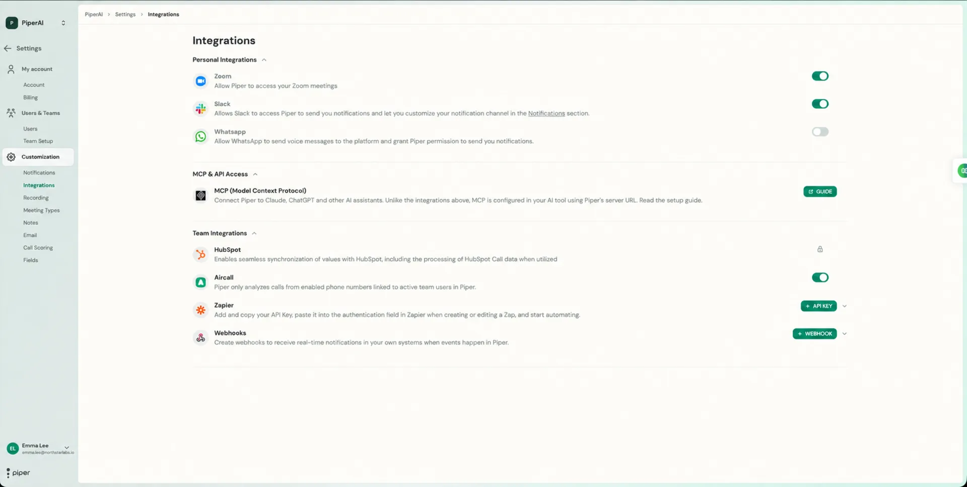 Integrations settings with personal integrations, MCP access, and team integrations
