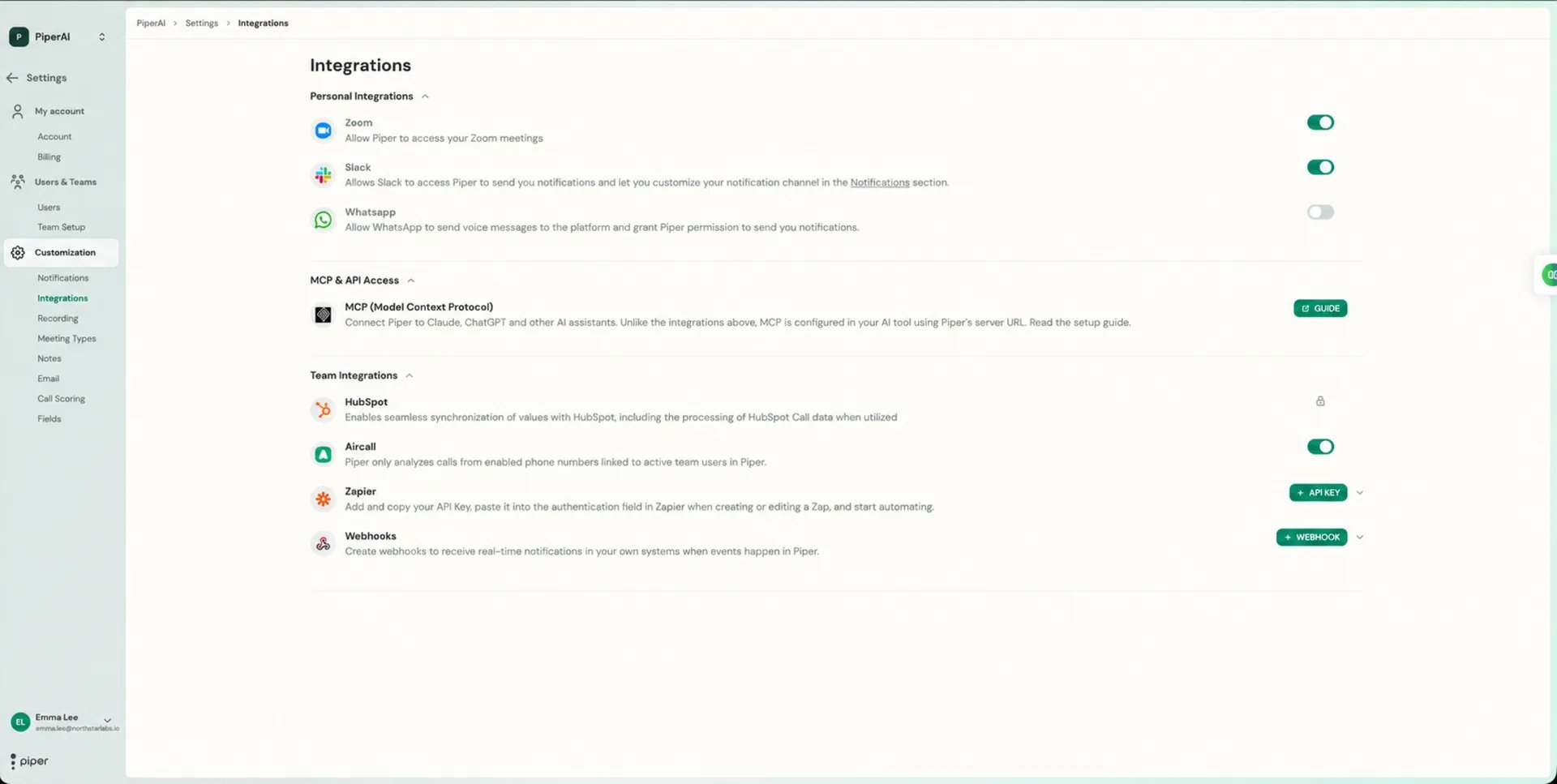 Integrations settings with personal integrations, MCP access, and team integrations