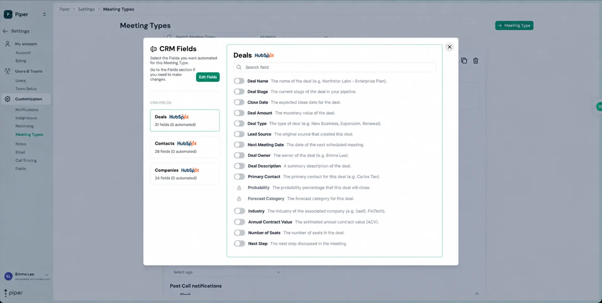 CRM Fields window with Deals, Contacts, and Companies fields to toggle