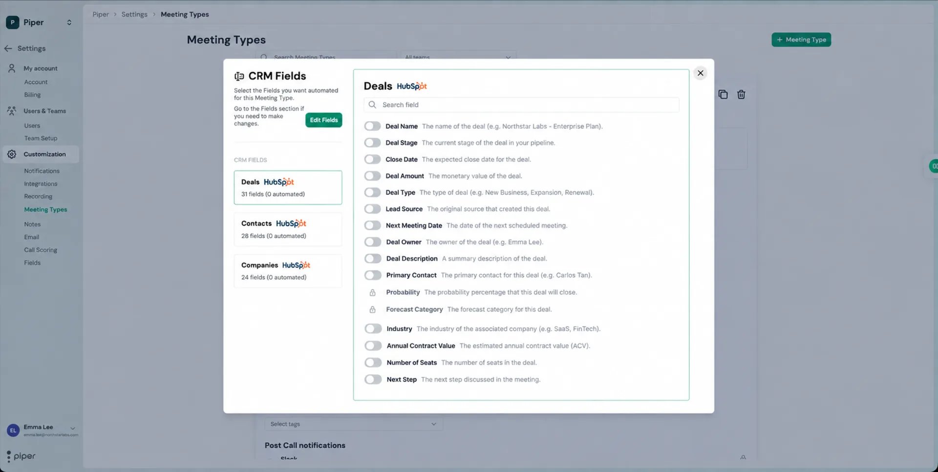 CRM Fields window with Deals, Contacts, and Companies fields to toggle