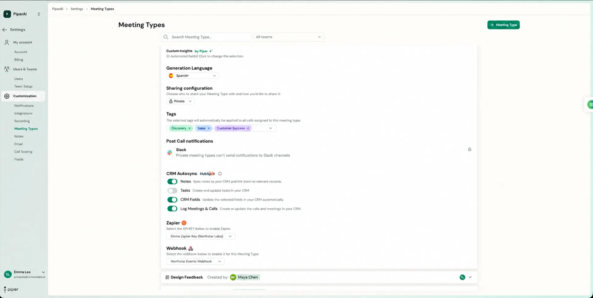 Lower part of a Meeting Type: post-call notifications, CRM Autosync toggles, Zapier, and Webhook