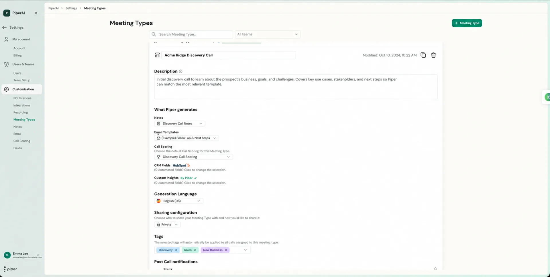 An open Meeting Type showing description, notes, email template, call scoring, CRM fields, language, sharing, and tags