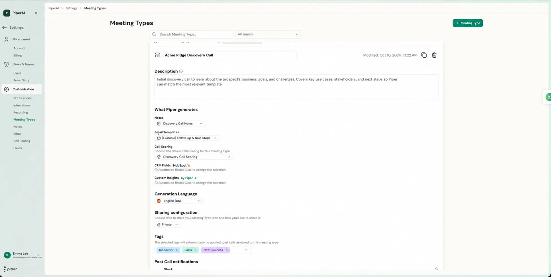 An open Meeting Type showing description, notes, email template, call scoring, CRM fields, language, sharing, and tags
