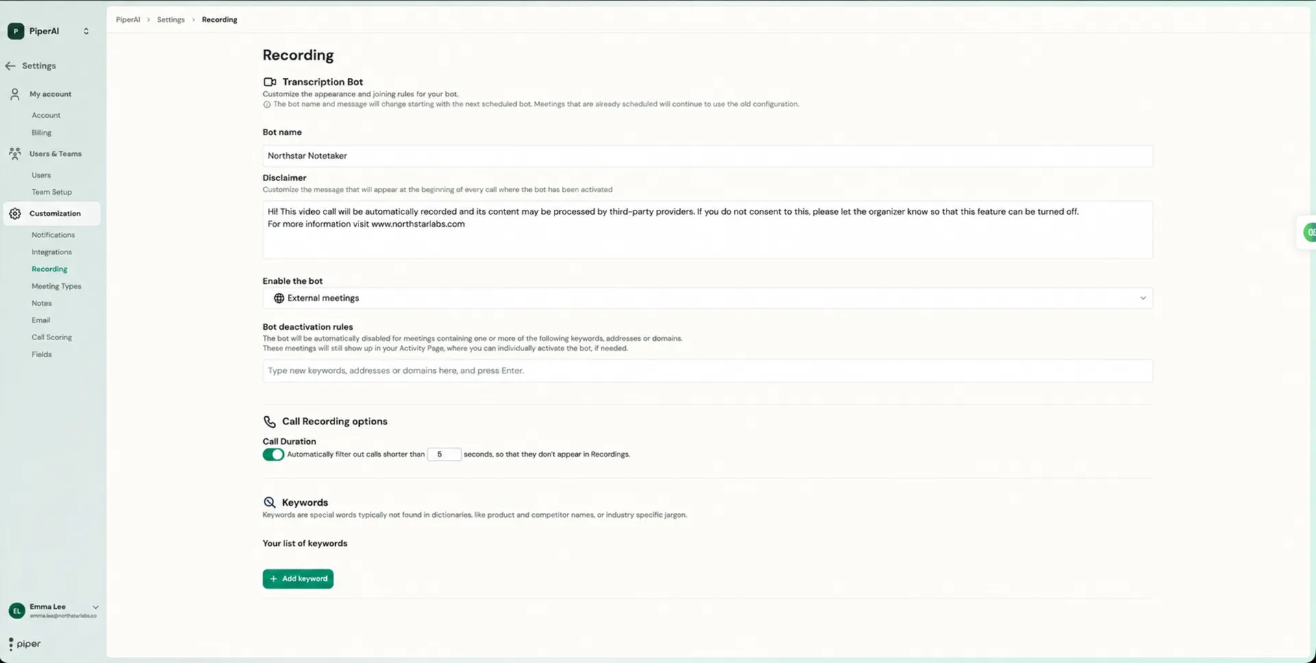 Recording settings: bot name, disclaimer, activation, deactivation rules, call duration, and keywords