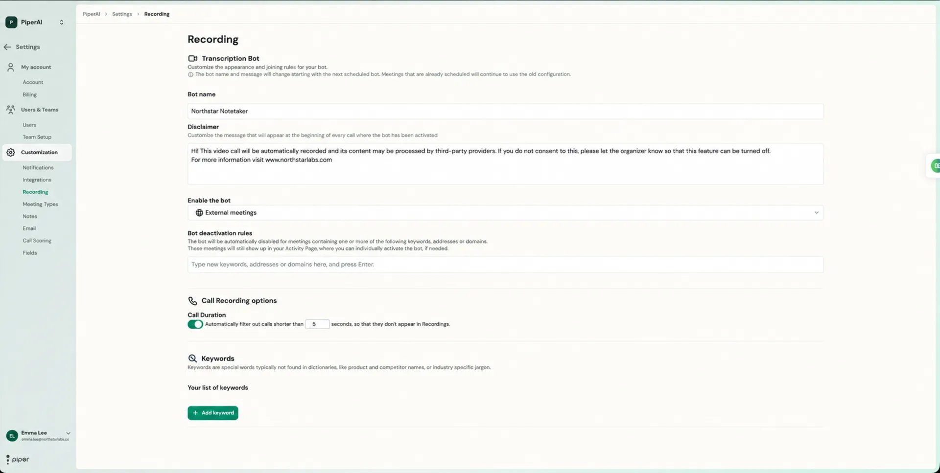 Recording settings: bot name, disclaimer, activation, deactivation rules, call duration, and keywords