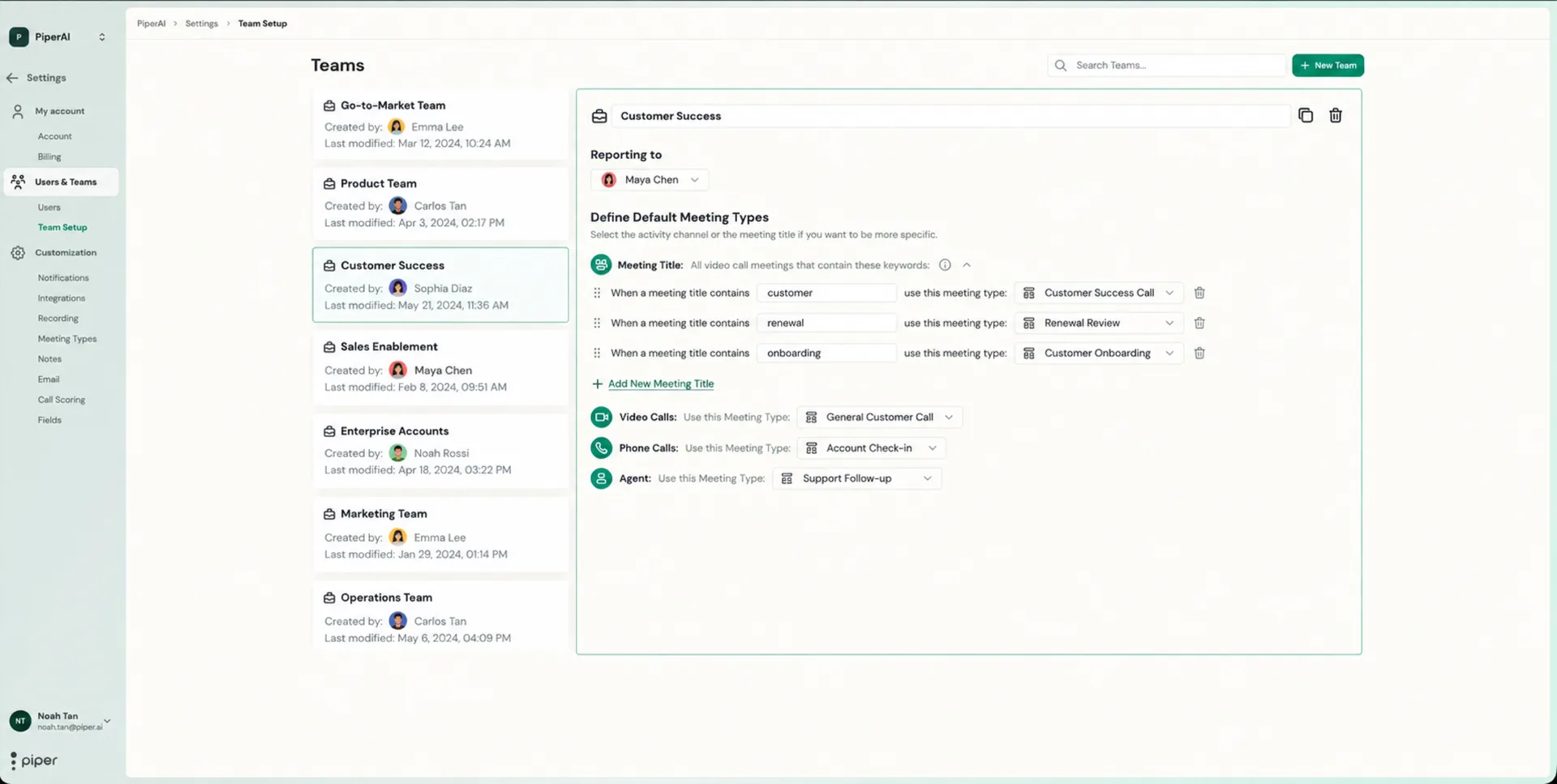 Team Setup with a team's keyword rules and default Meeting Types per channel
