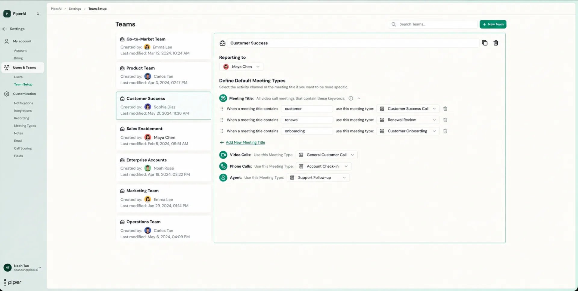 Team Setup with a team's keyword rules and default Meeting Types per channel