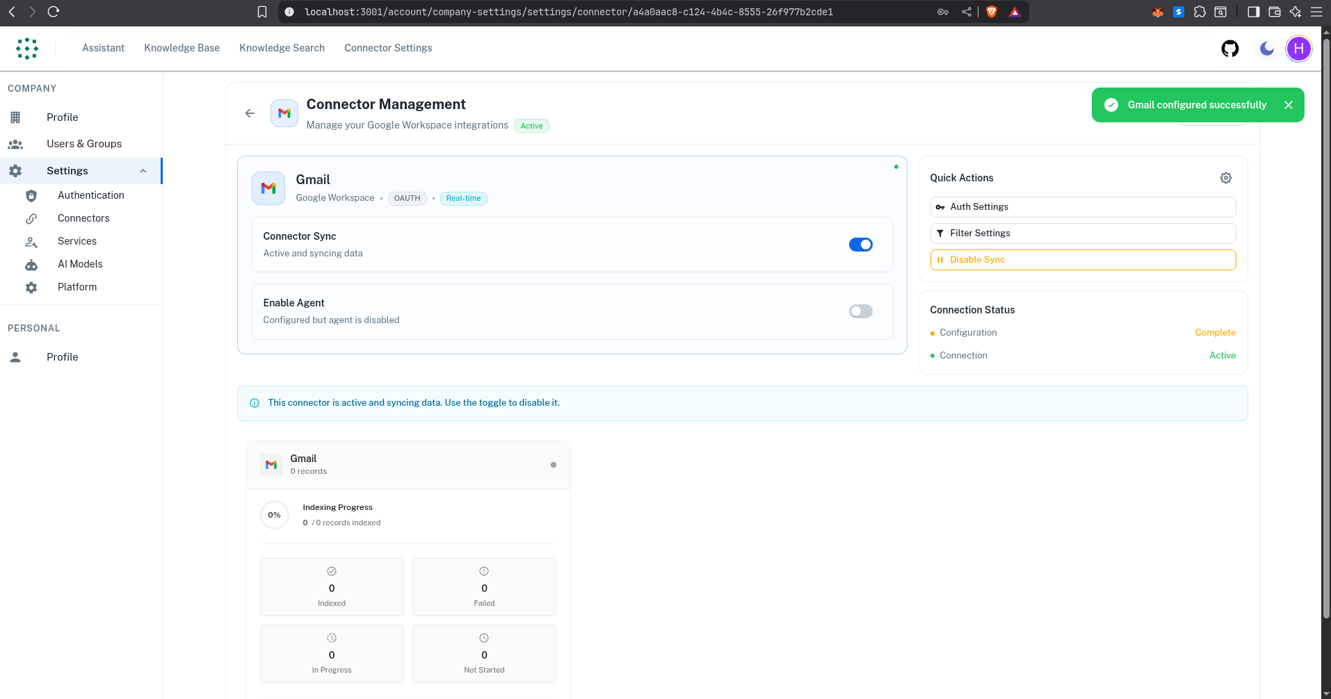 Gmail connector sync status