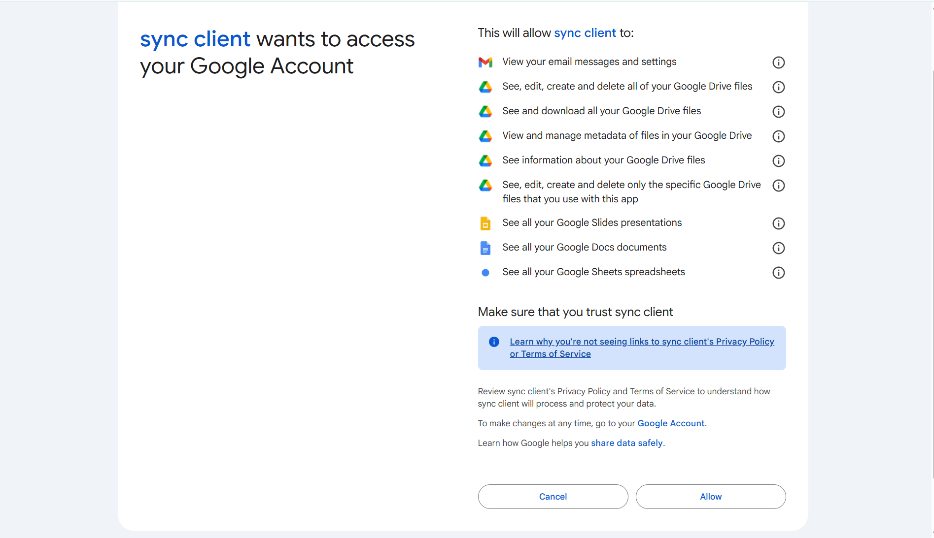 Google consent screen for Google Drive connector