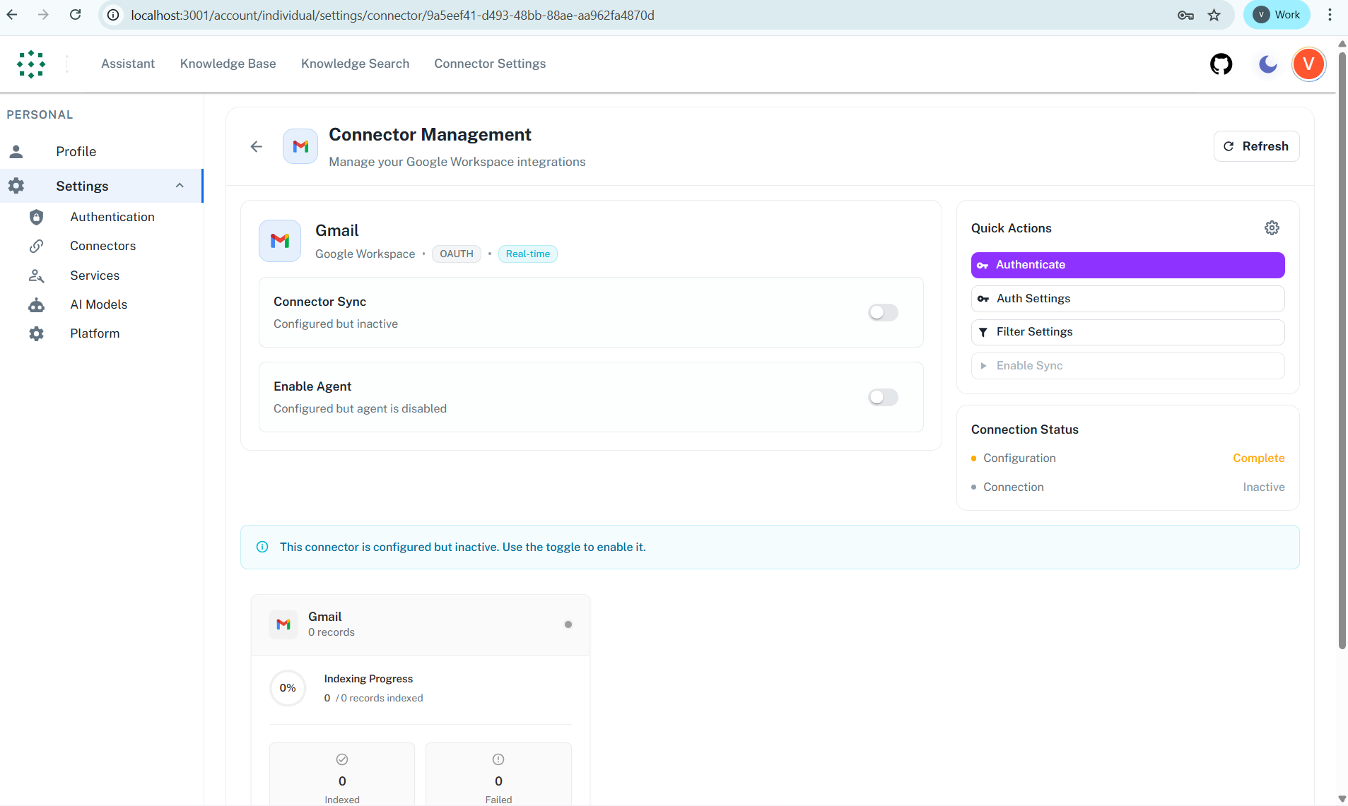 Gmail connector before authentication