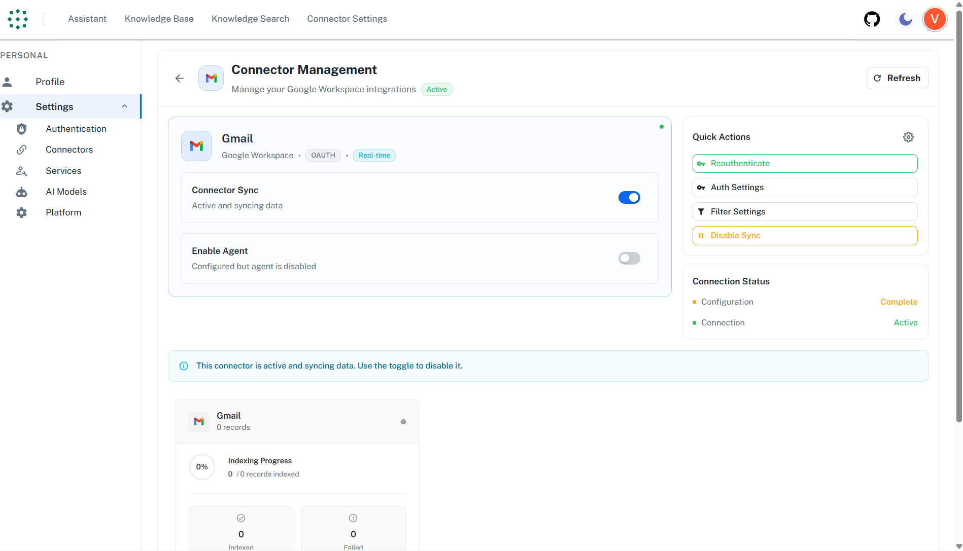 Gmail connector sync status