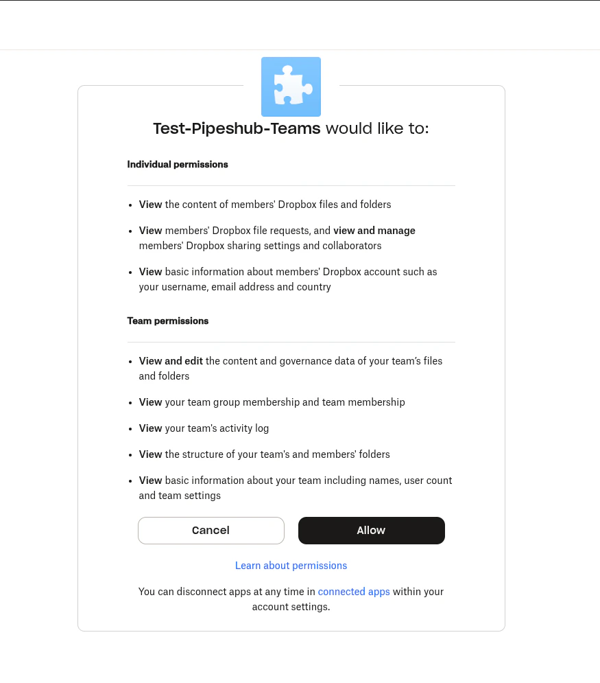 Dropbox consent screen for Dropbox connector