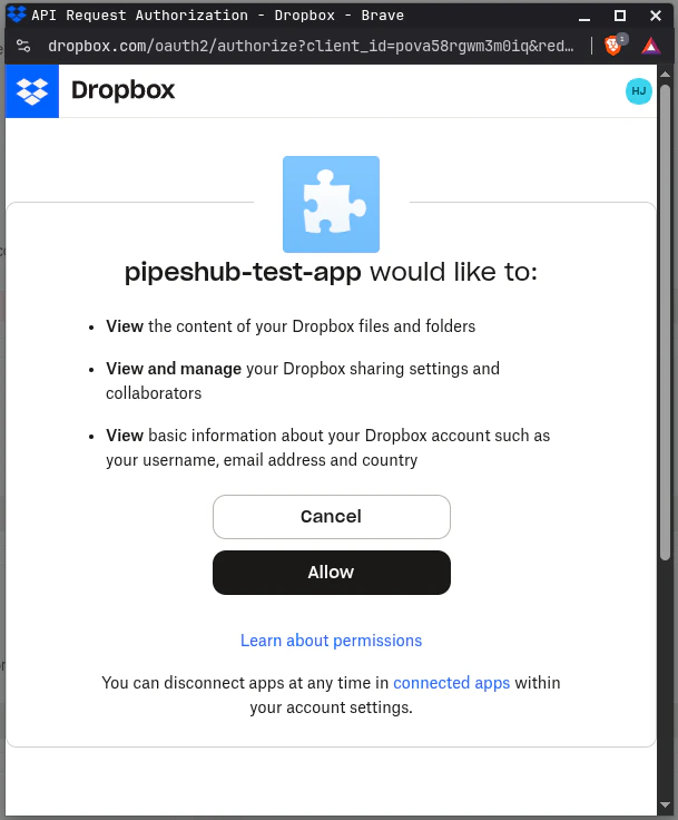 Dropbox consent screen for Dropbox connector