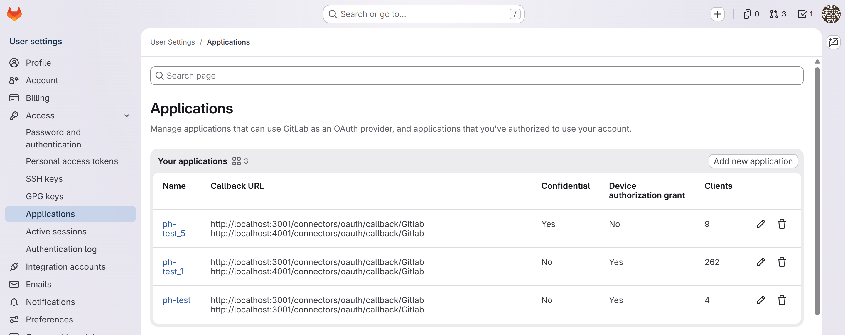 GitLab Applications Page