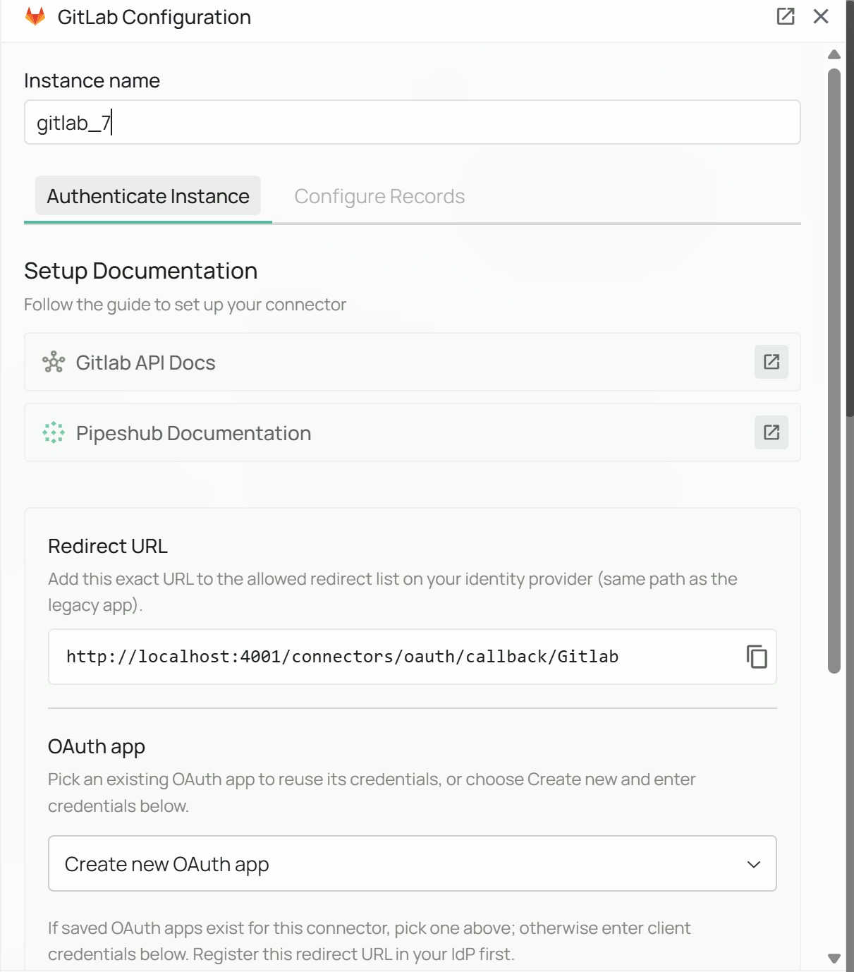 PipesHub GitLab Configuration - Copy Redirect URL