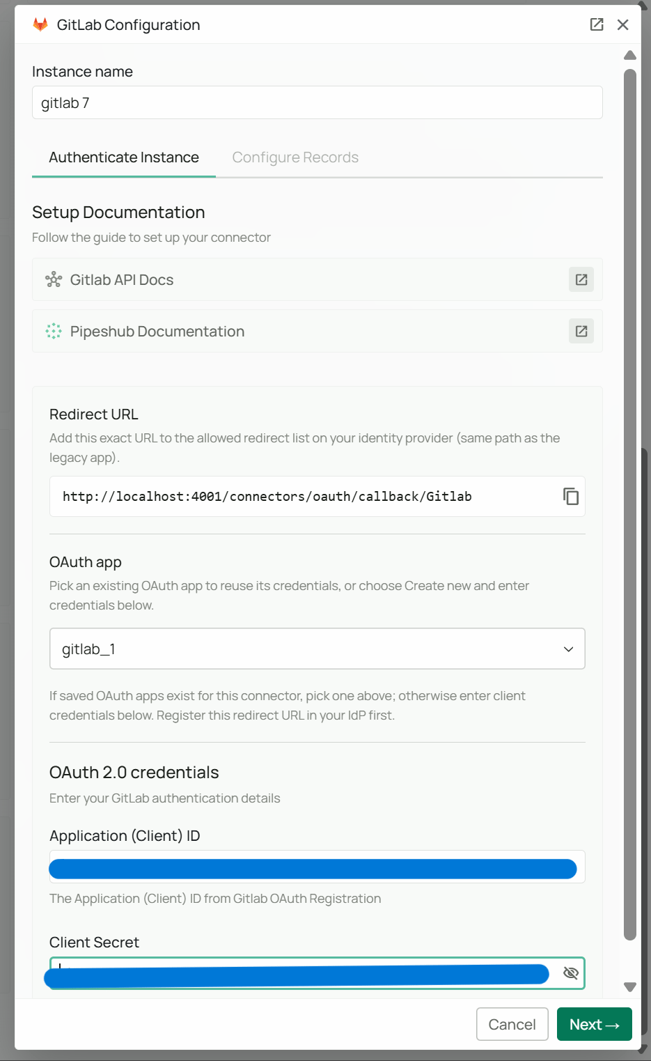 Enter OAuth Credentials in PipesHub